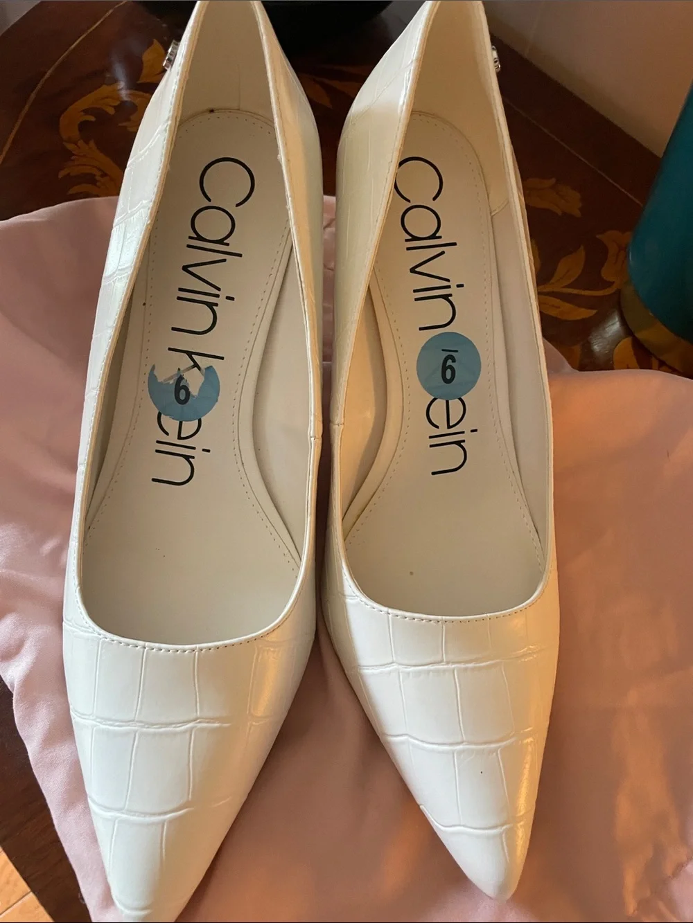 Calvin Klein Croc-Embossed White Pointed-Toe Pumps